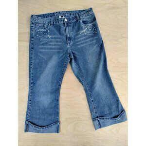Womens Apollo Capri Denim Blue Jeans Size 19/20 Blue Cuffed Rhinestones Stretch